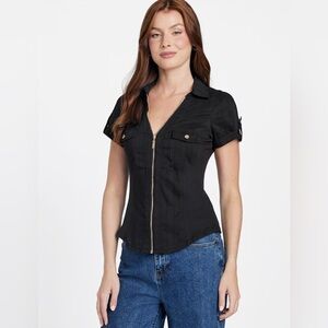 NWT GUESS Amaya Cotton Blend Black Zip-Front Short Sleeve Pockets Top - Large